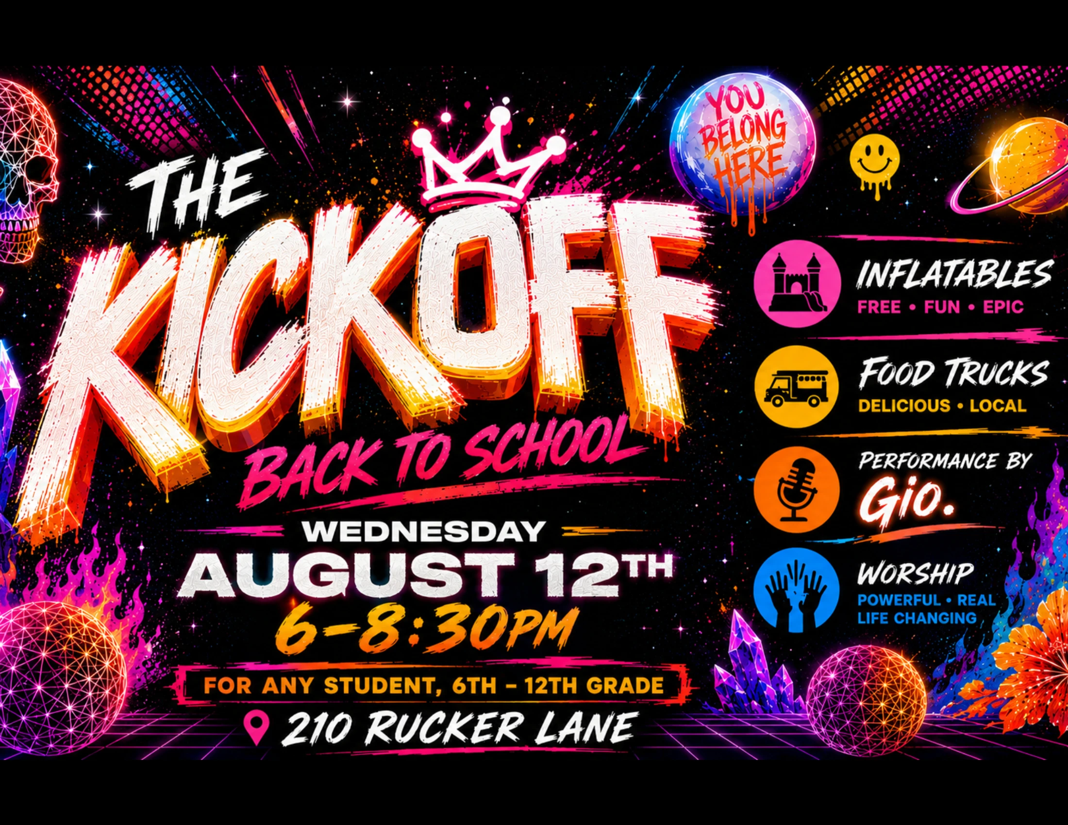 A vibrant, neon-colored flyer for a 'Back to School Kickoff' event for students, detailing activities like inflatables, food trucks, and a live performance.