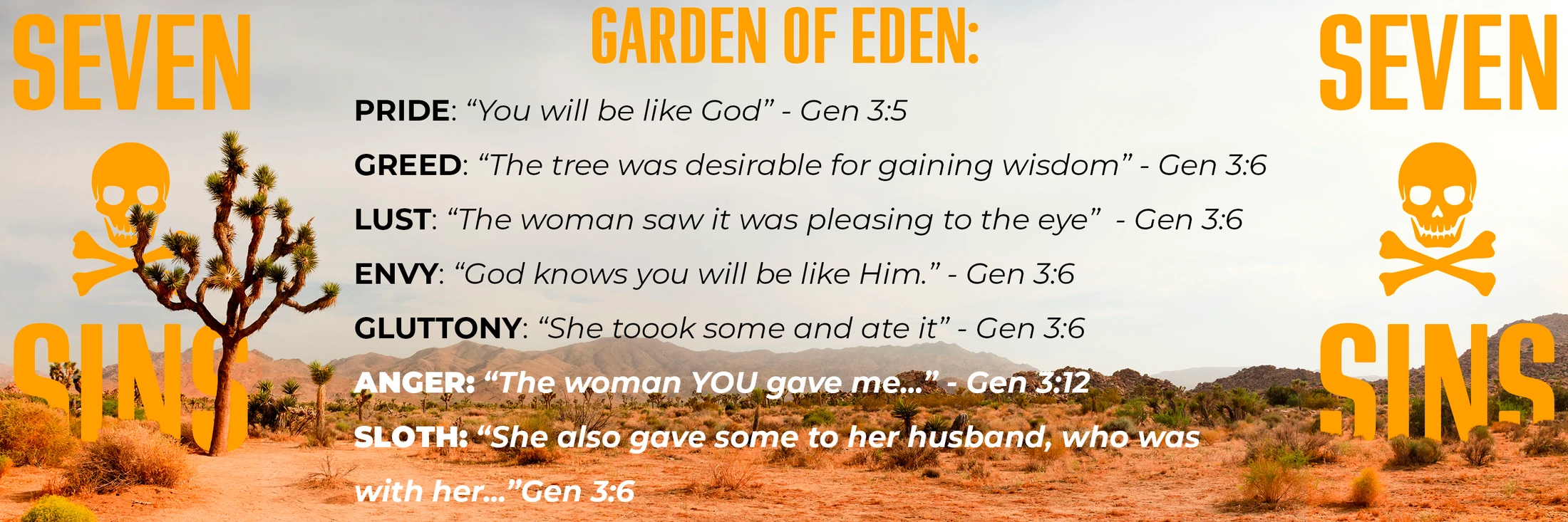 An image listing the seven deadly sins with corresponding Bible verses from Genesis, overlaid on a desert landscape with skull and crossbones icons.