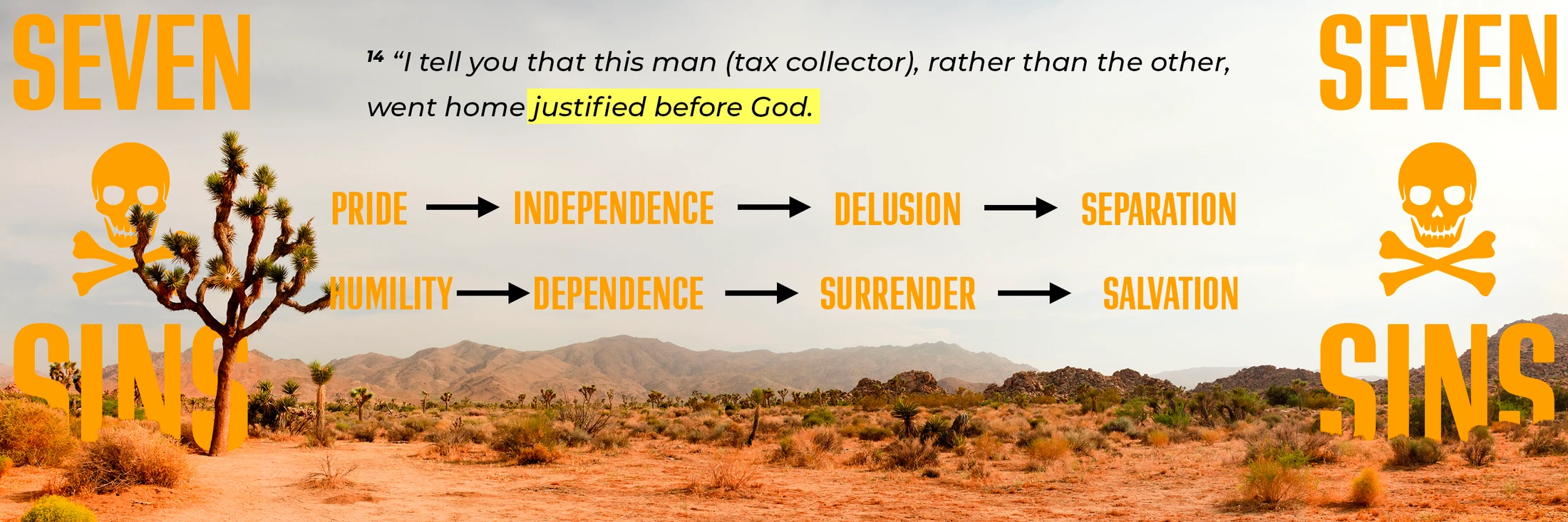 A graphic over a desert landscape contrasting two spiritual paths. The path of pride leads to separation, while the path of humility leads to salvation.