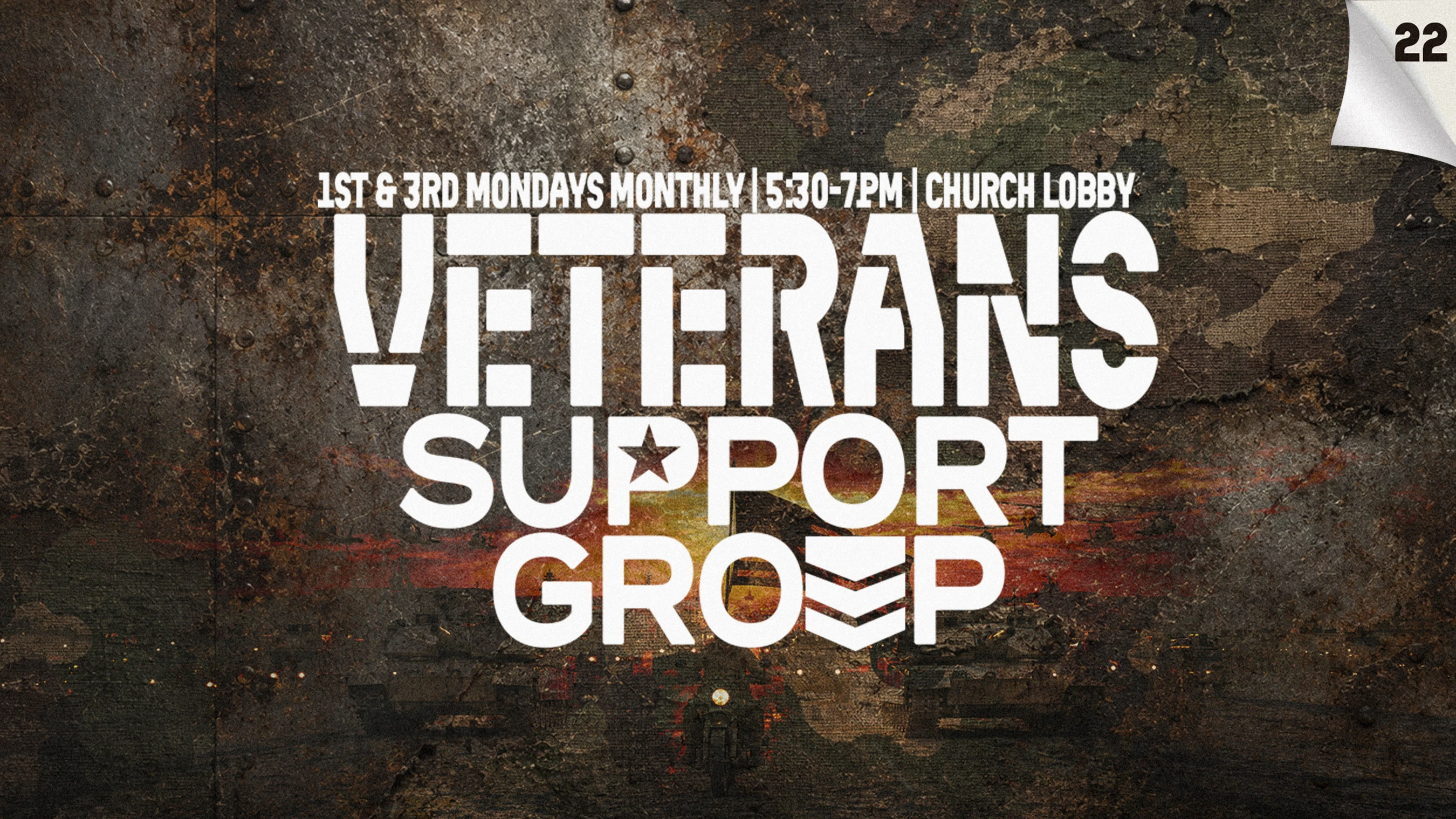 A graphic advertising a Veterans Support Group. The text is in a white stencil font over a dark, gritty, rusted metal background with event details.