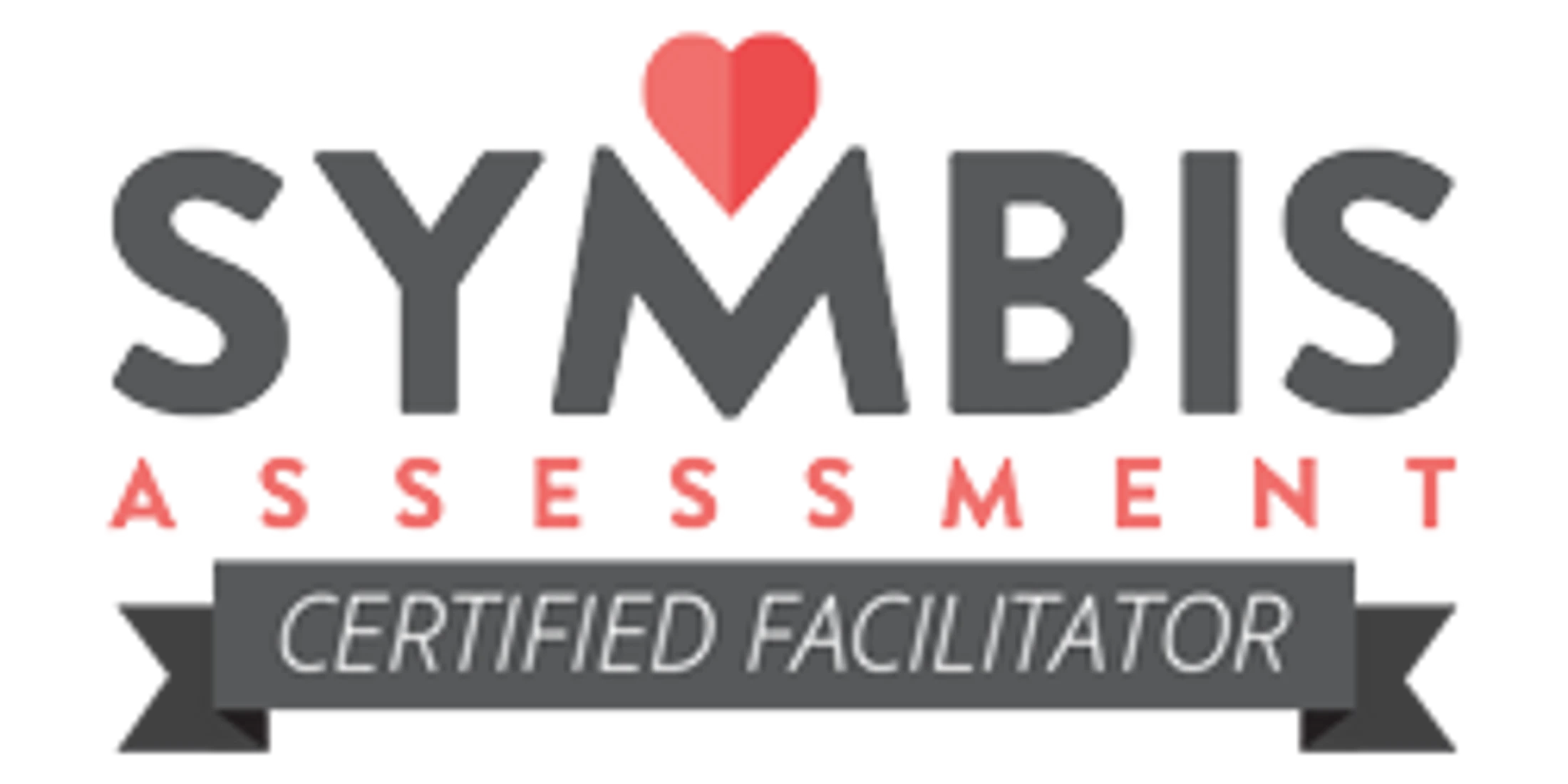 The SYMBIS Assessment Certified Facilitator logo. The word SYMBIS is in gray with a red heart over the M, over a gray banner with the certification text.