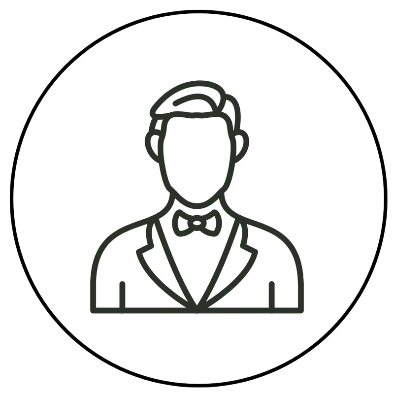 A line art icon of a faceless person from the chest up, wearing a tuxedo and bow tie, inside a circle.