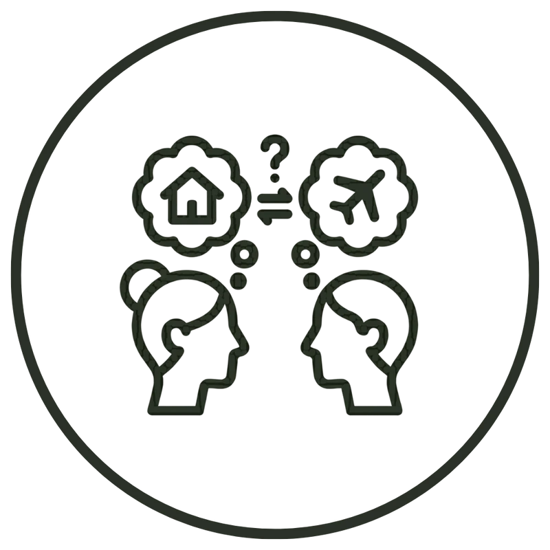 A line art icon of two people facing each other. One thinks of a house, the other of an airplane, symbolizing a decision between staying home and traveling.