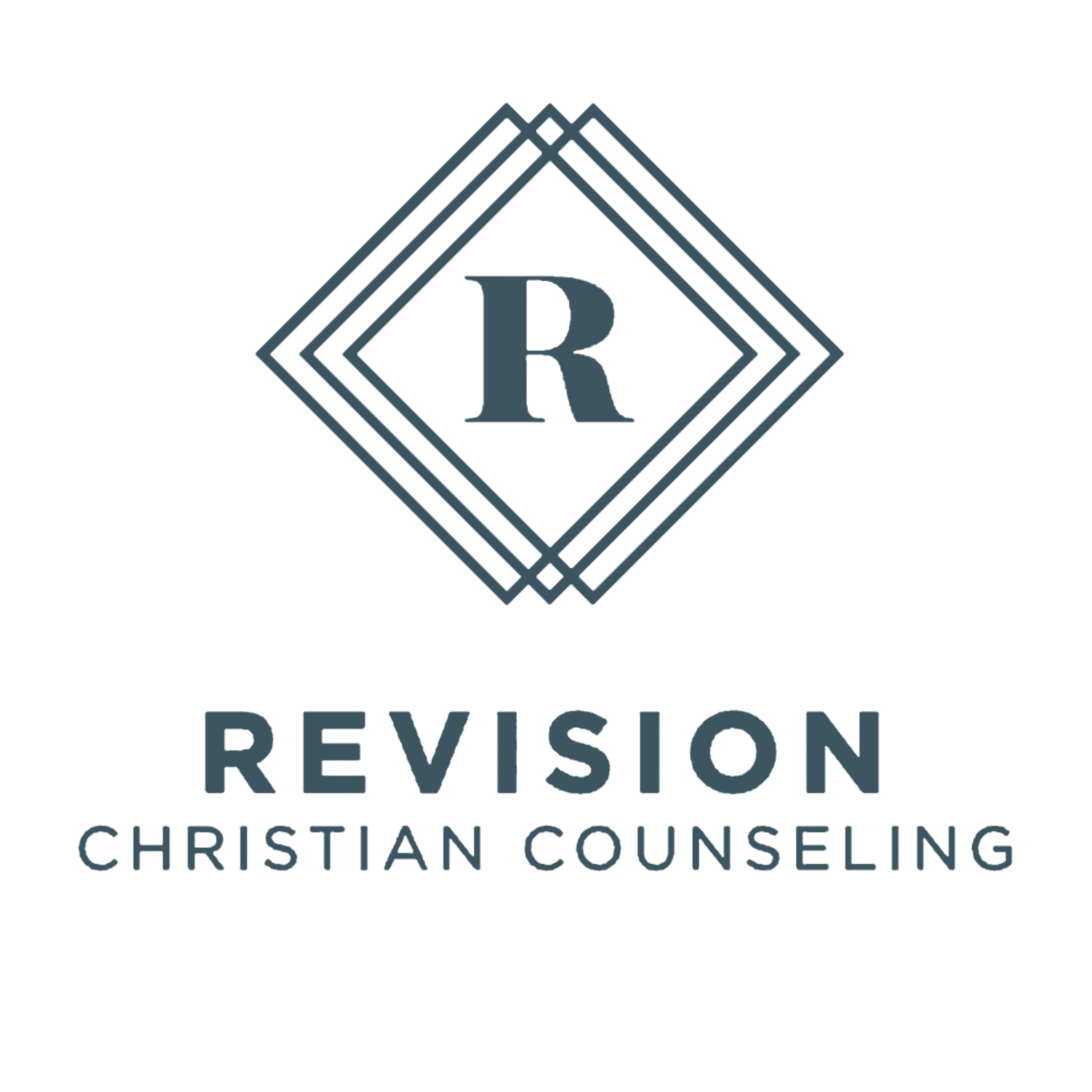 The logo for Revision Christian Counseling, featuring a letter R in a geometric diamond shape above the text.