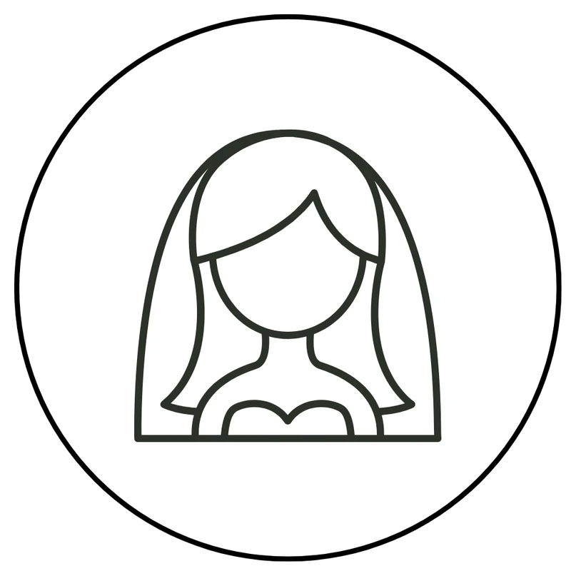 A simple black line drawing of a faceless bride wearing a veil and a sweetheart neckline dress, all enclosed within a thin black circle.