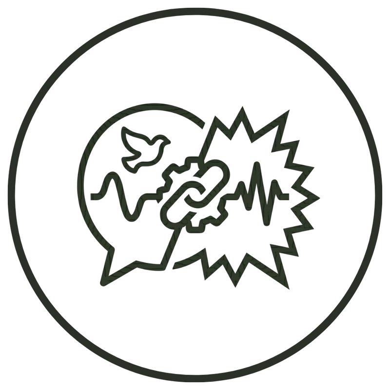 A circular line icon showing a peaceful speech bubble with a dove and a conflicting bubble with jagged lines, connected by a gear and chain links.