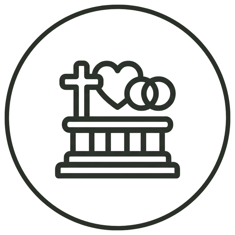 A line art icon representing a Christian wedding, with a cross, a heart, and two rings resting on an altar inside a circle.