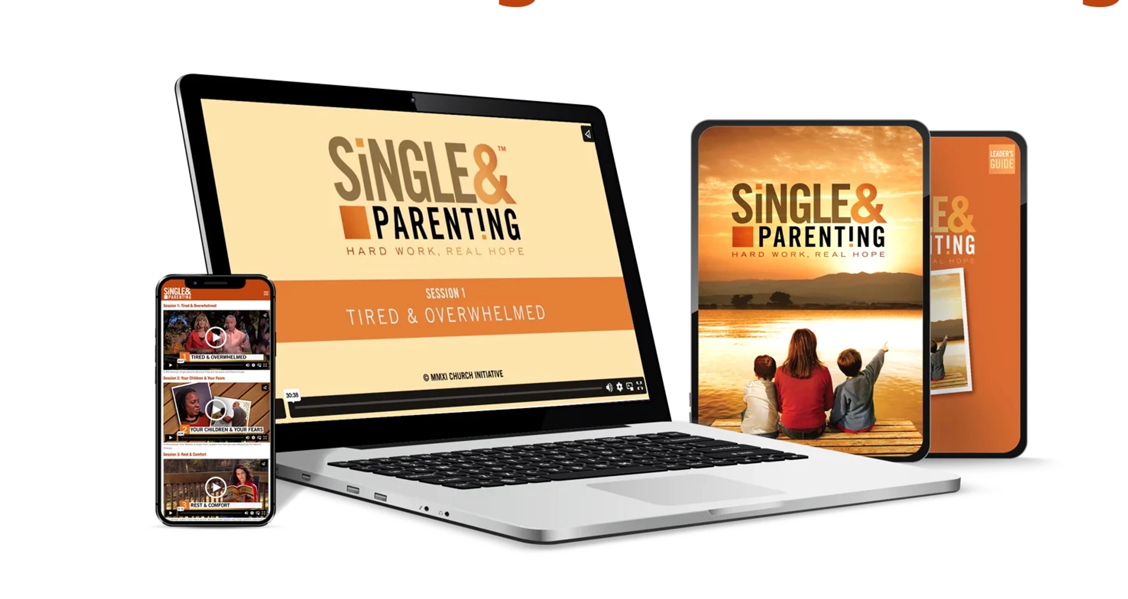 A laptop, smartphone, and tablets display the 'Single & Parenting' video series, a digital resource offering hope and support for single parents.