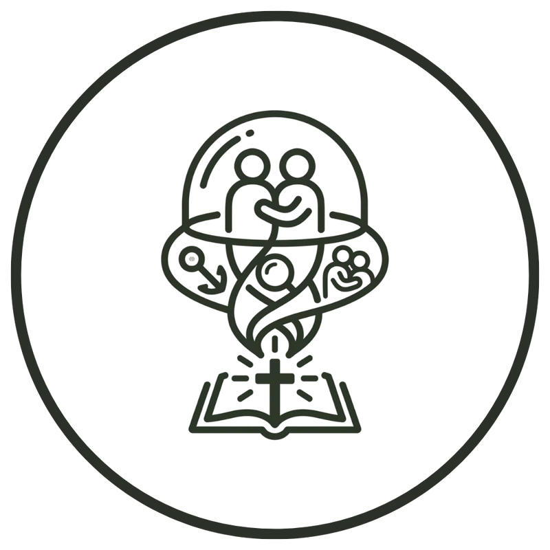 A line art icon with a Bible and glowing cross at the base, from which grows a structure containing symbols for family, hope, and marriage inside a circle.