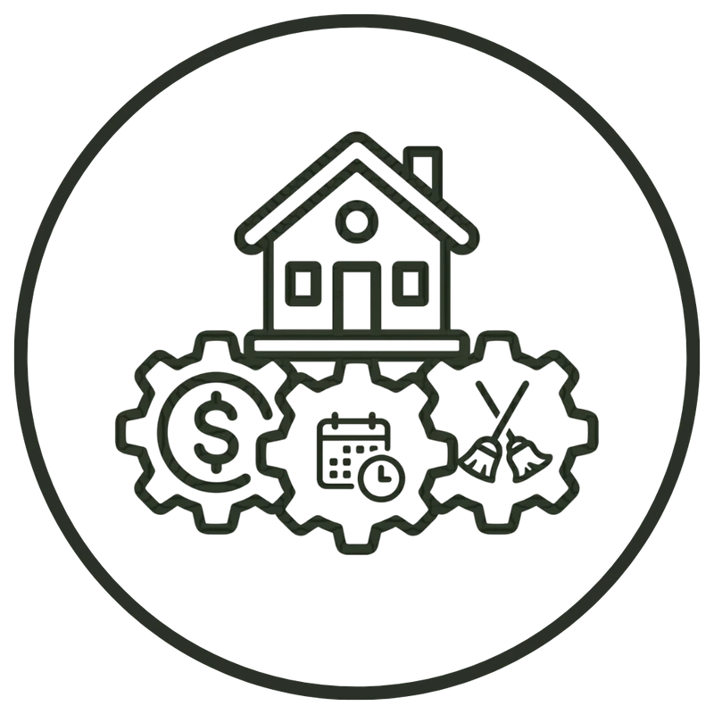 A line art icon of a house on top of three gears representing money, scheduling, and cleaning, symbolizing property management.