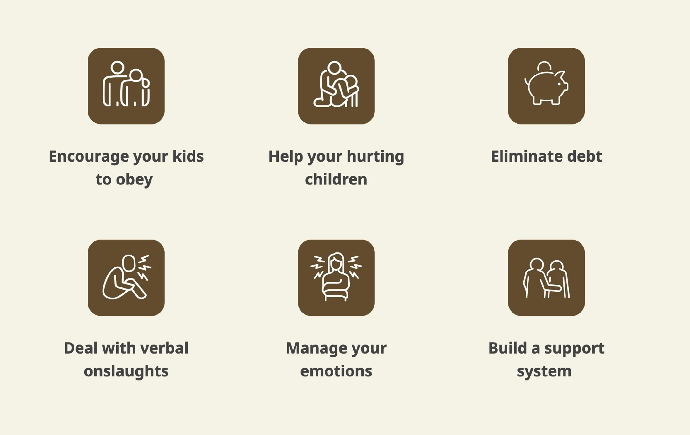 An infographic with six brown icons and text on a light background, offering advice on parenting, finances, emotional health, and building a support system.