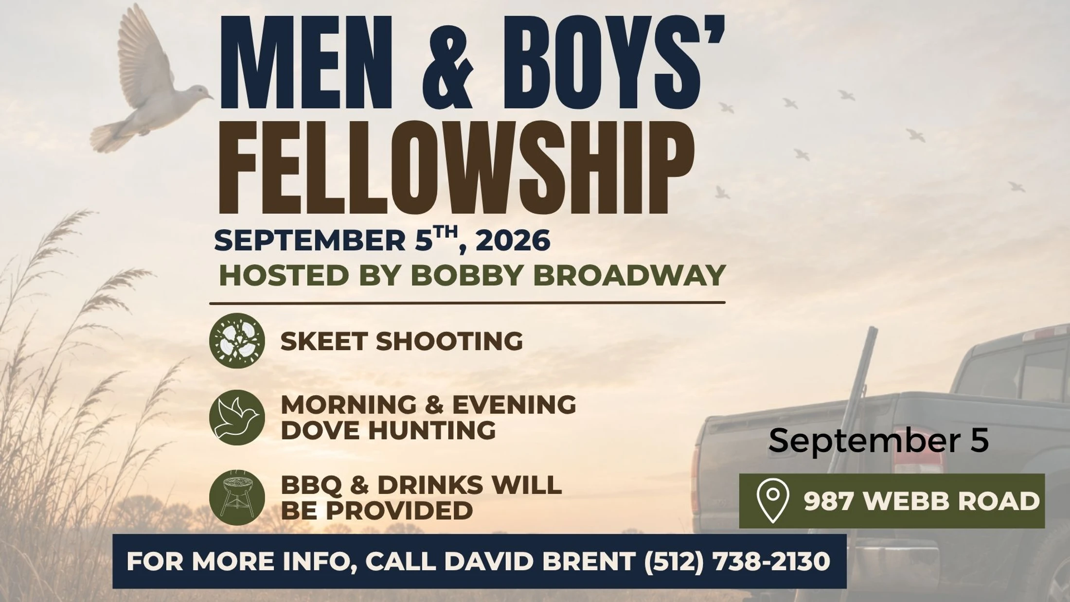 A flyer for a Men & Boys' Fellowship event on September 5, 2026, featuring skeet shooting, dove hunting, and BBQ. The background shows a sunrise and a truck.