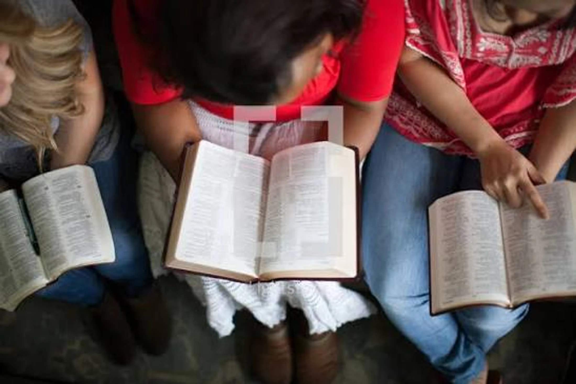 An overhead view of three women sitting side-by-side, each holding an open Bible on their lap as they study together.