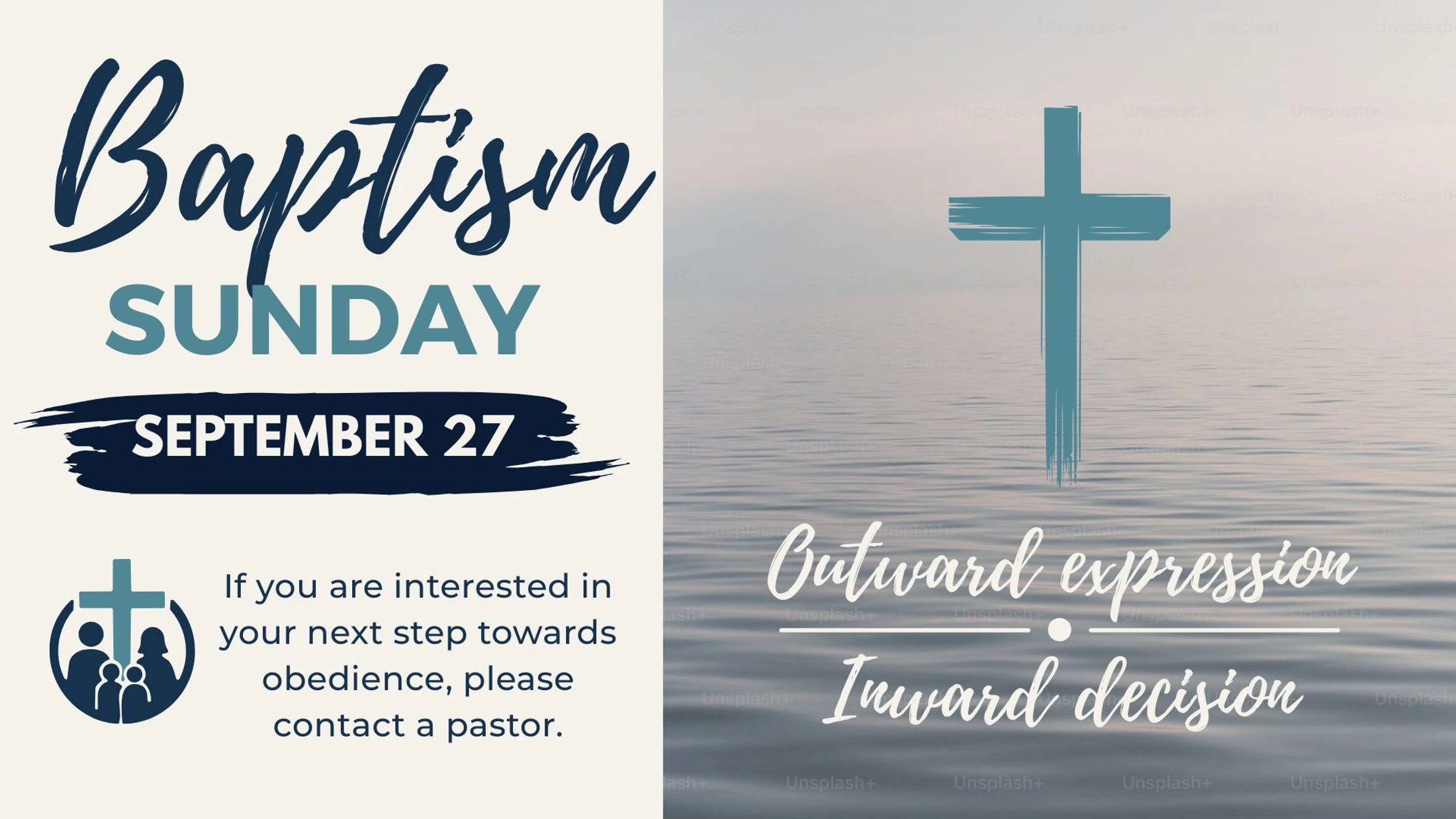An announcement for Baptism Sunday on September 27, split into two panels. One lists event details, the other shows a cross over water.
