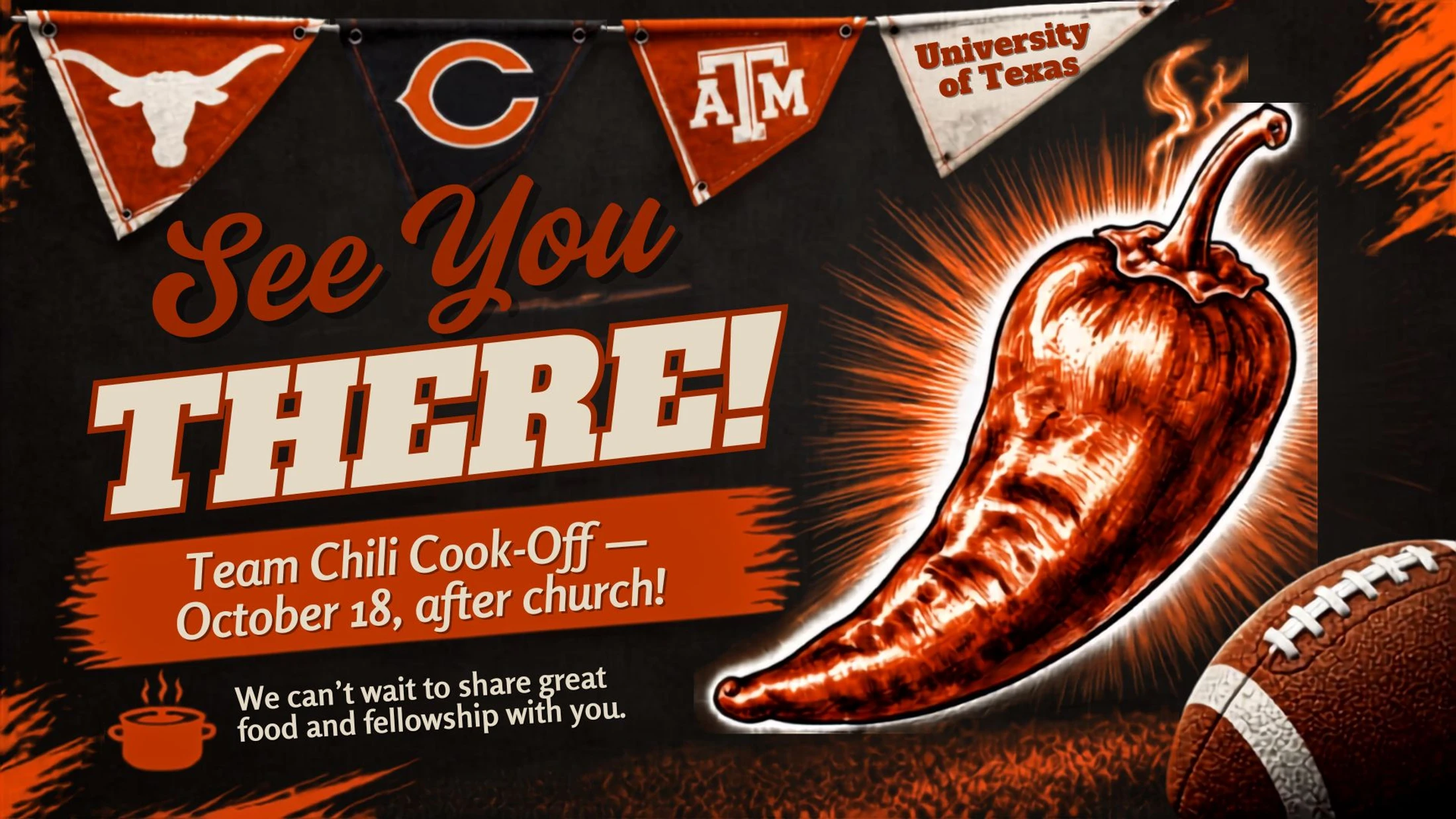An event announcement for a Team Chili Cook-Off on October 18, featuring a large chili pepper, a football, and various college sports pennants.