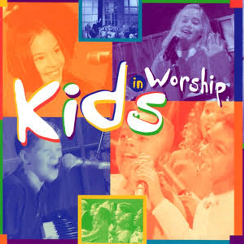 A colorful photo collage of children singing and playing music, with the words 'Kids in Worship' in large, stylized white letters in the center.
