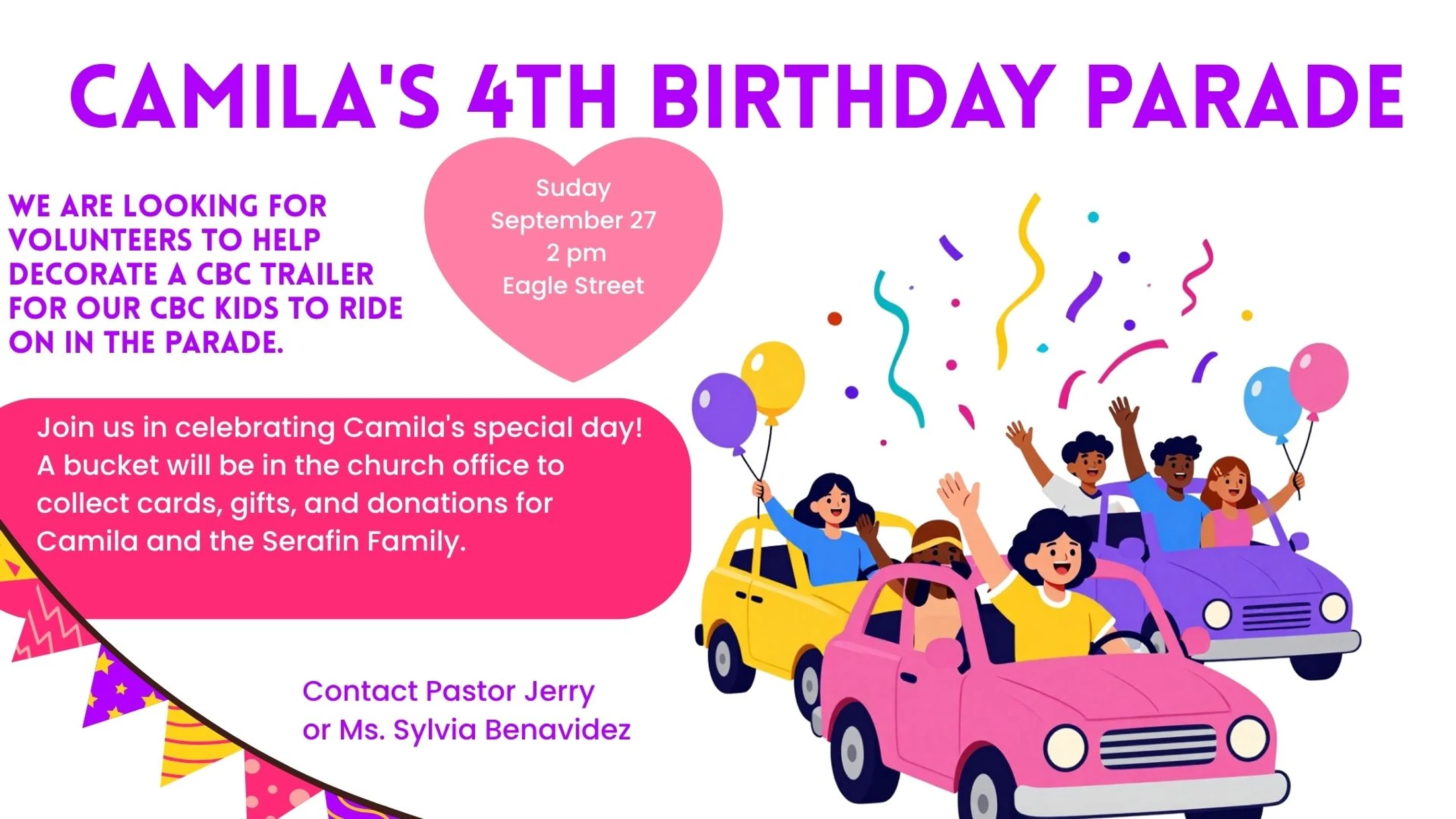 A colorful invitation for a 4th birthday parade. It includes event details and a cartoon illustration of happy people in cars with balloons and confetti.