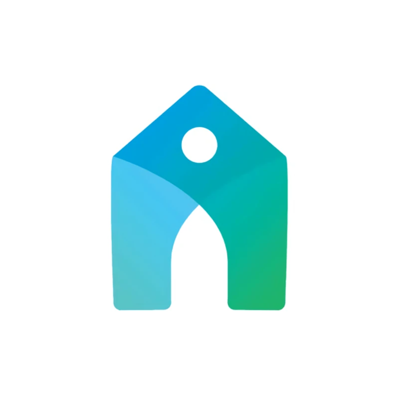A minimalist graphic of a house with a pointed roof and arched doorway. The icon has a blue-to-green gradient and a small white circle near the top.
