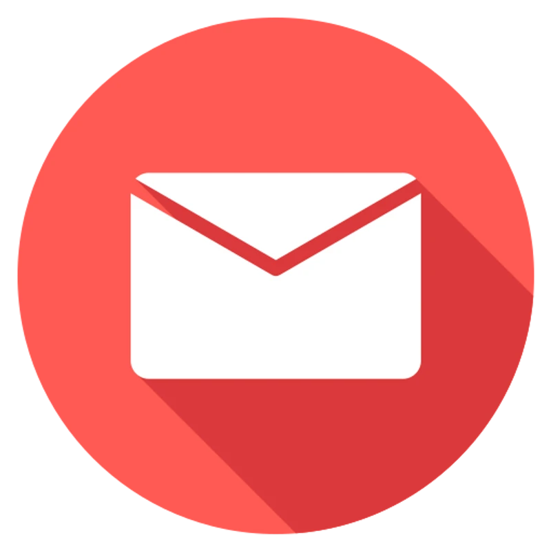 A flat design icon of a white envelope inside a red circle. A long, dark shadow extends from the envelope, giving it a subtle 3D effect.