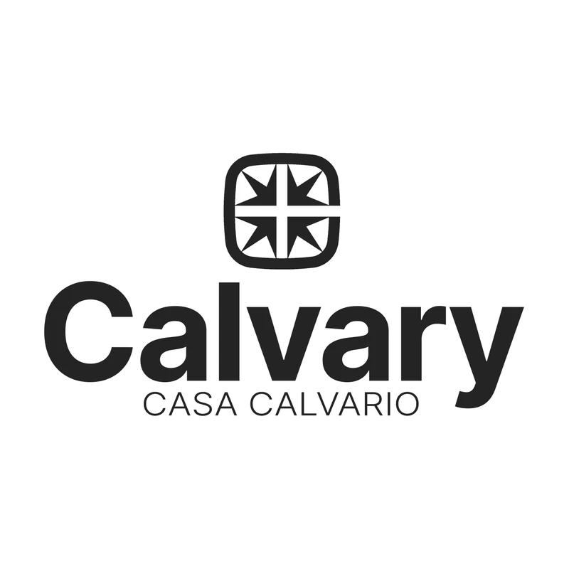 The logo for Calvary Casa Calvario in black on a white background. It has a stylized compass icon above the bold text 'Calvary' and 'CASA CALVARIO' below.