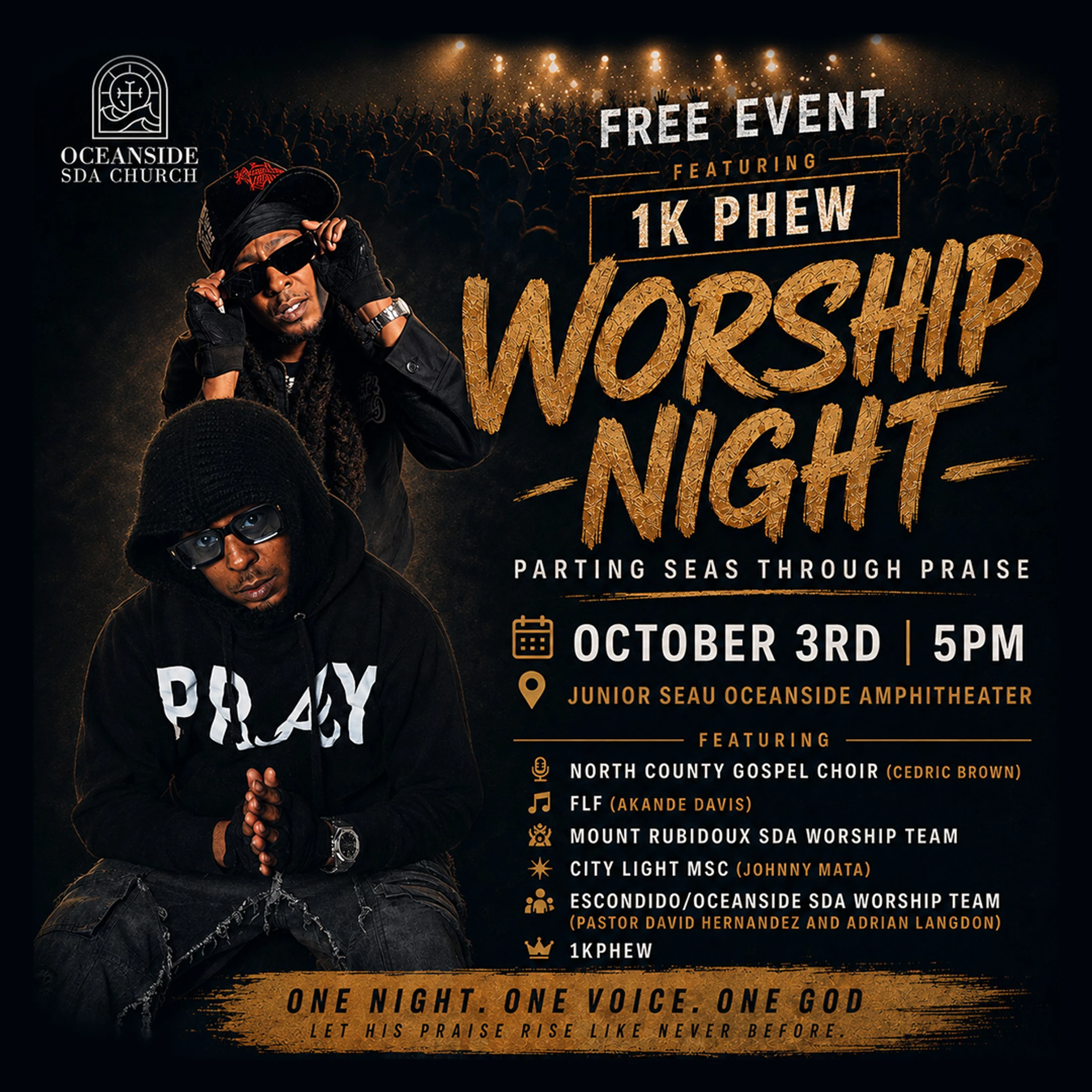 A promotional flyer for a free 'Worship Night' event on October 3rd at 5 PM. The poster is black with gold text and features artist 1K Phew.