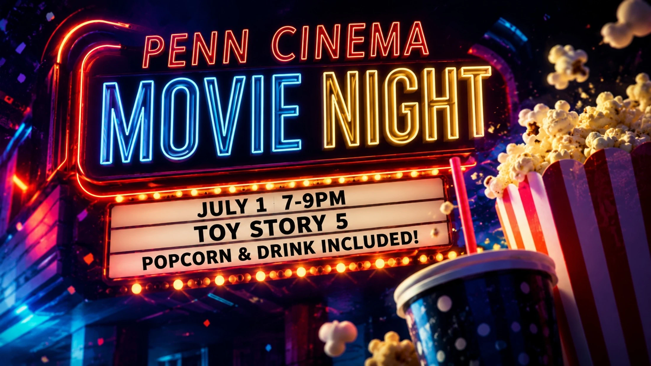 A bright neon sign for Penn Cinema Movie Night advertises Toy Story 5, with a box of popcorn and a drink in the foreground.