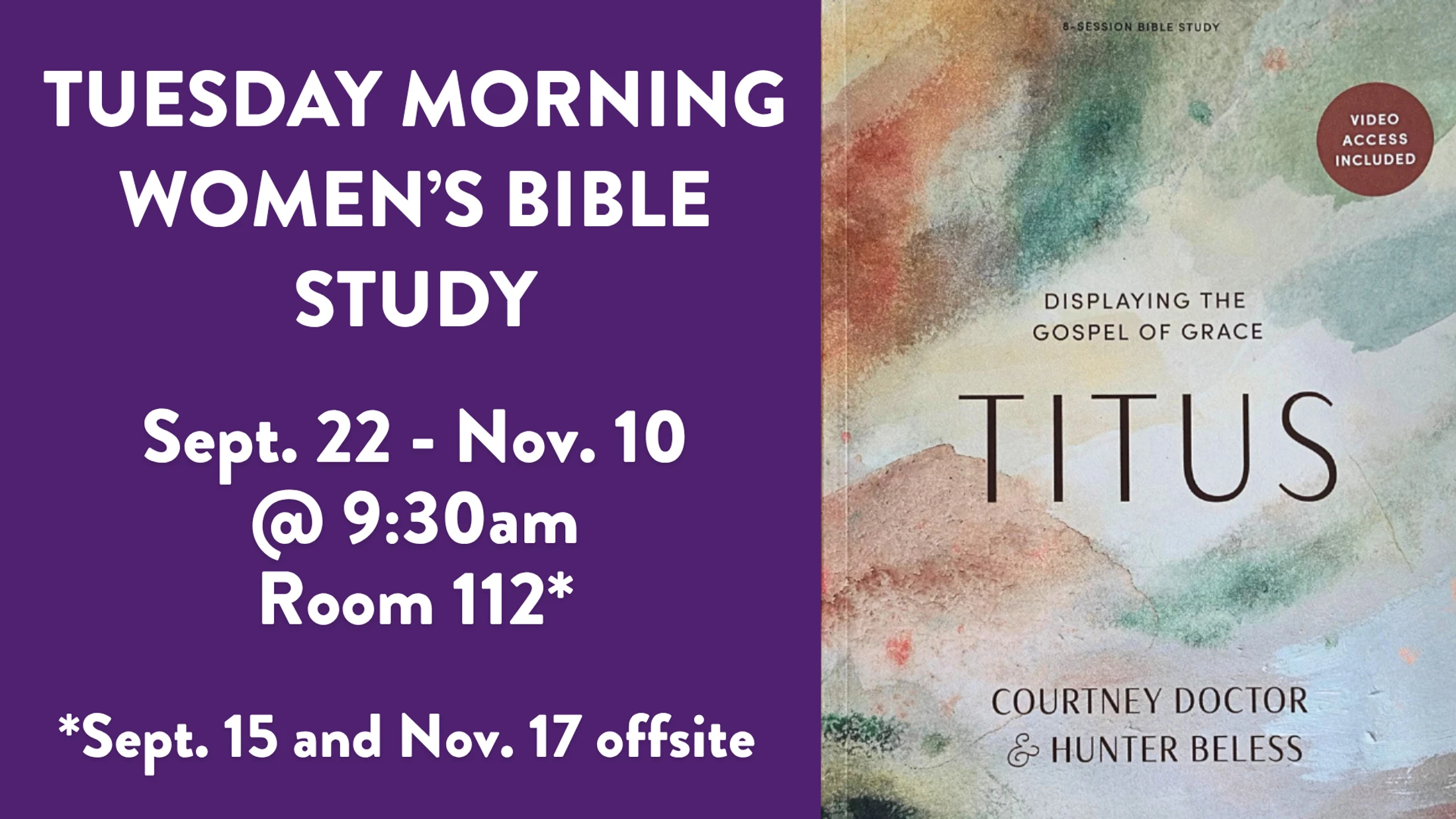 Promotional graphic for a Women's Bible Study on the book of Titus. The left side lists dates and time. The right side shows the study book cover.