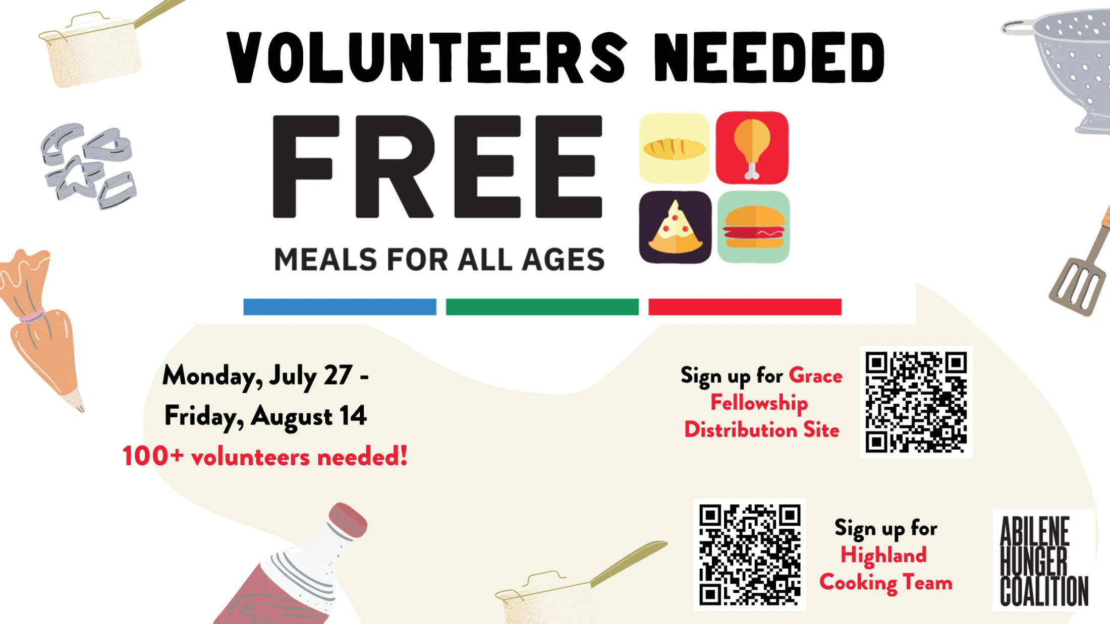 A flyer seeking volunteers for a free meal program from July 27 to August 14. Includes QR codes to sign up and the Abilene Hunger Coalition logo.
