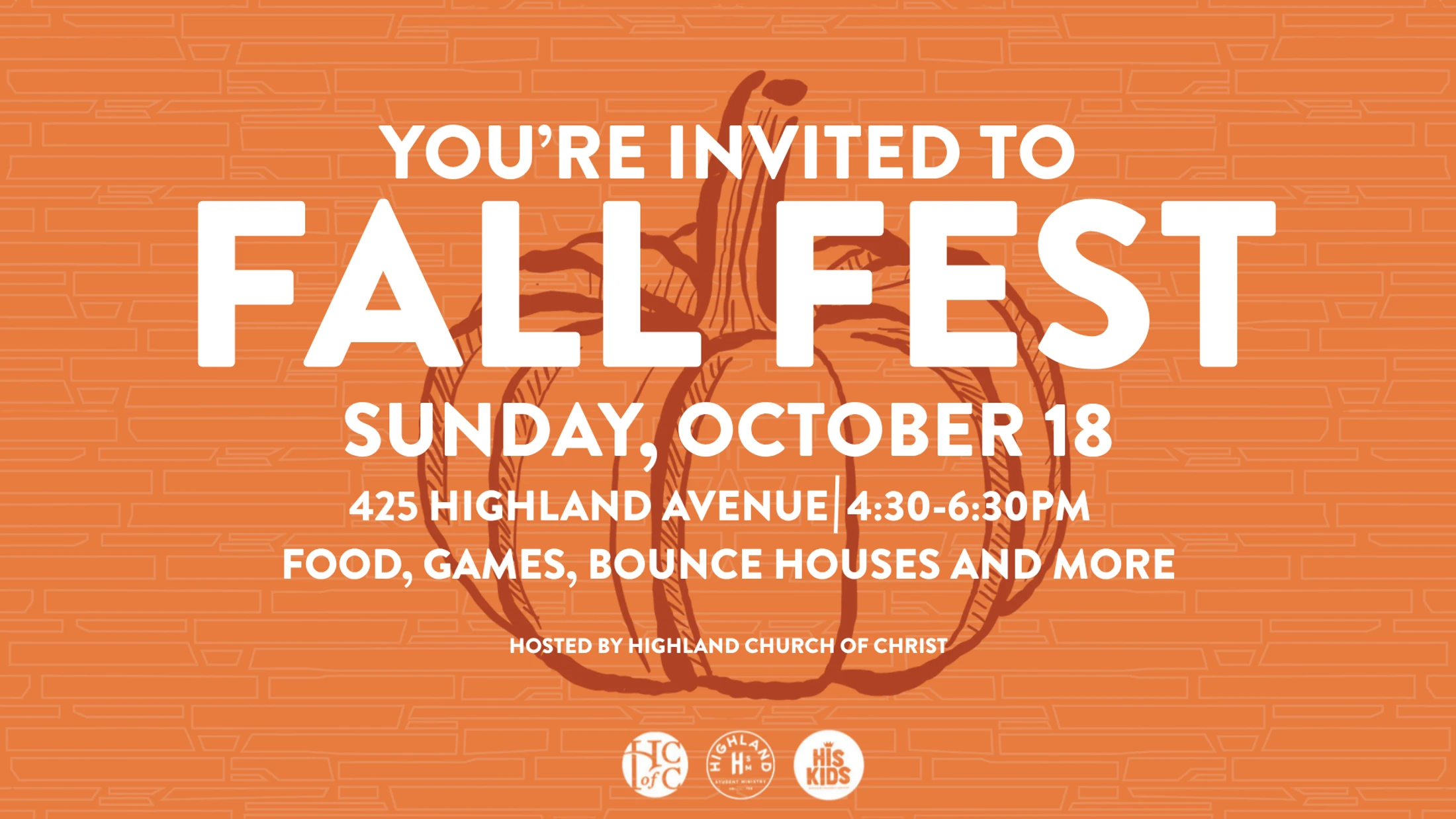 An orange invitation for Fall Fest on Sunday, October 18, with a pumpkin graphic. The event features food, games, and bounce houses.