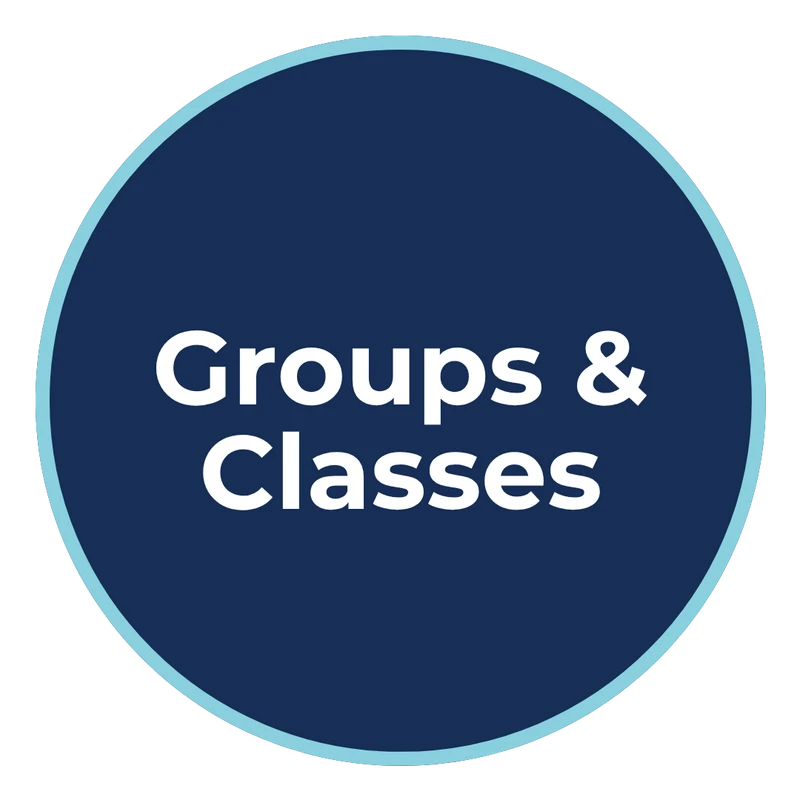 A circular icon with a dark blue center and a light blue border. The words 'Groups & Classes' are written in the middle in white text.