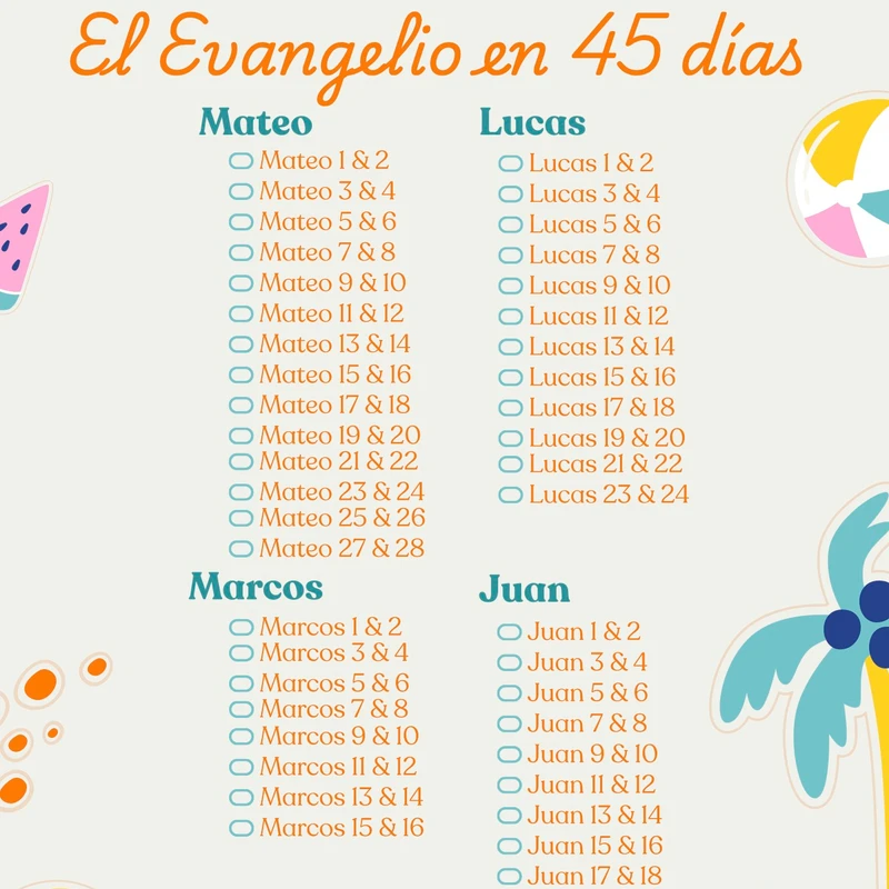 Infografía con temática de verano que presenta un plan de lectura para leer los Evangelios (Mateo, Marcos, Lucas y Juan) en 45 días.