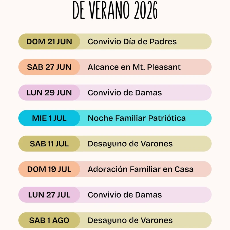 Calendario de Verano 2026 de MBC en Español. Muestra una lista de eventos con fechas para junio, julio y agosto, como el convivio del Día de Padres.