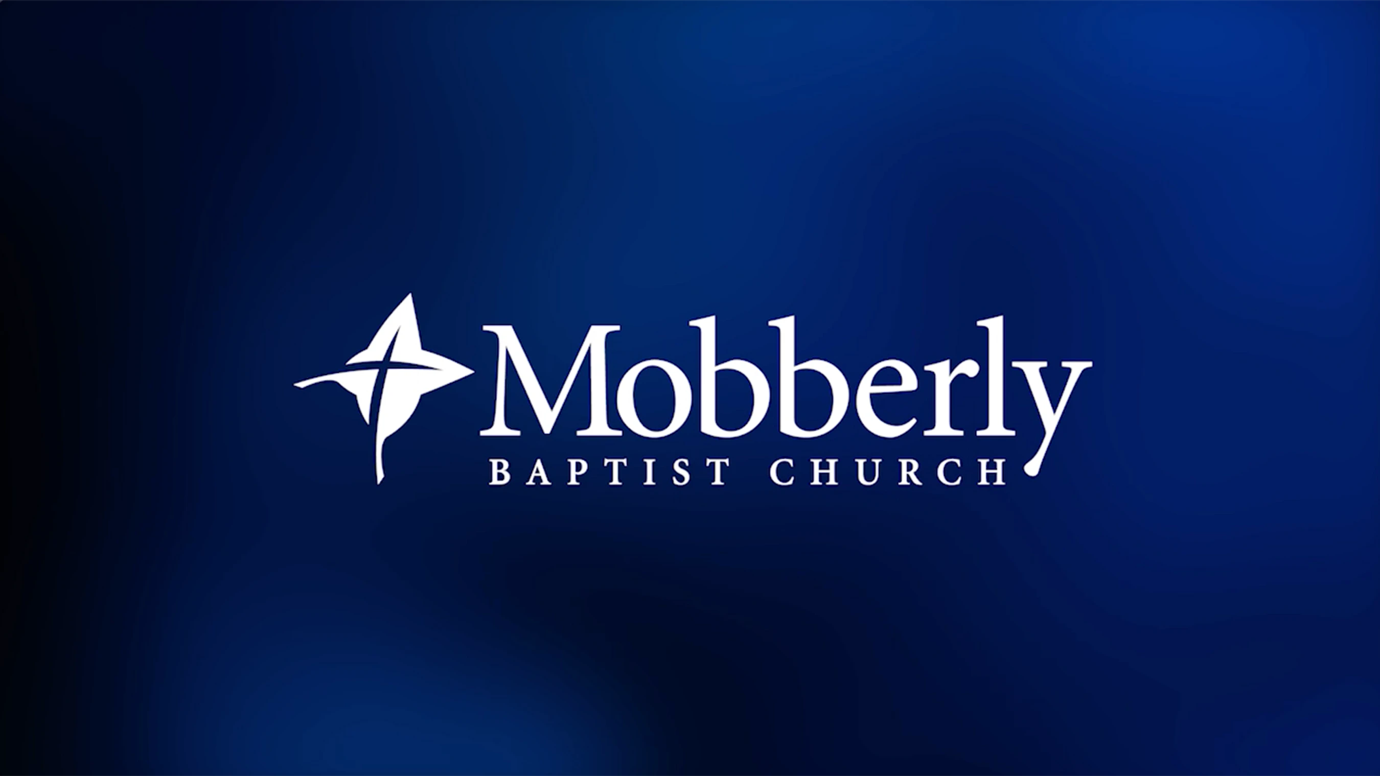 The white logo for Mobberly Baptist Church on a dark blue gradient background. The logo features a stylized star with a cross in the center.