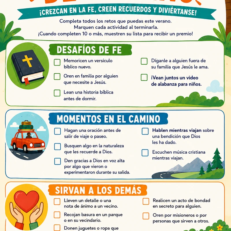A colorful infographic in Spanish for a 'Summer Family Challenge' with a checklist of faith-based activities to do together, like praying and serving others.