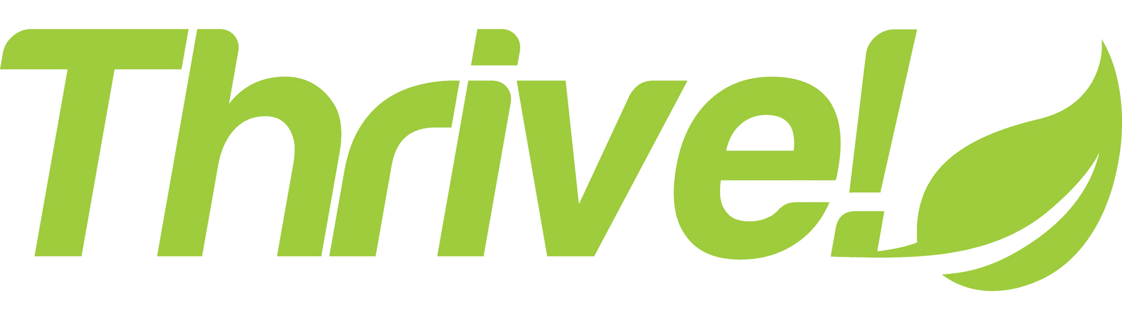 The word 'Thrive!' written in a stylized, light green font. The exclamation mark at the end is creatively designed to look like a leaf.