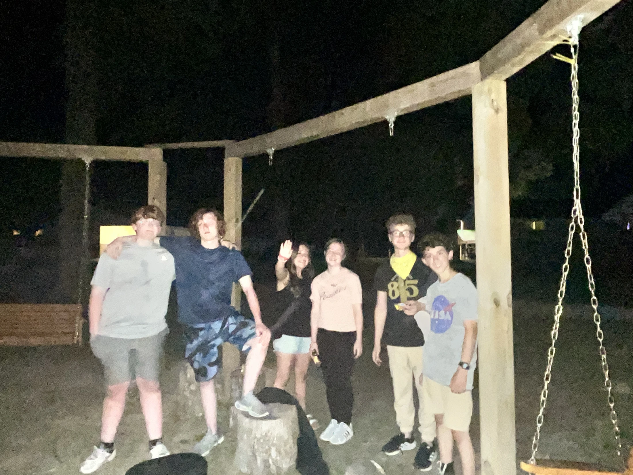 A group of six teenagers stand together for a photo outdoors at night. They are in front of a large wooden swing set, smiling and posing for the camera.