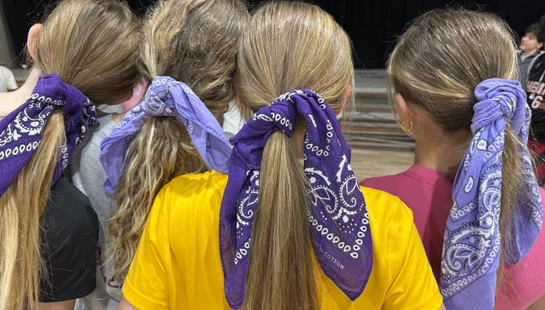 The backs of four girls with long hair styled in ponytails. Each ponytail is tied with a different shade of purple paisley bandana, suggesting team spirit.