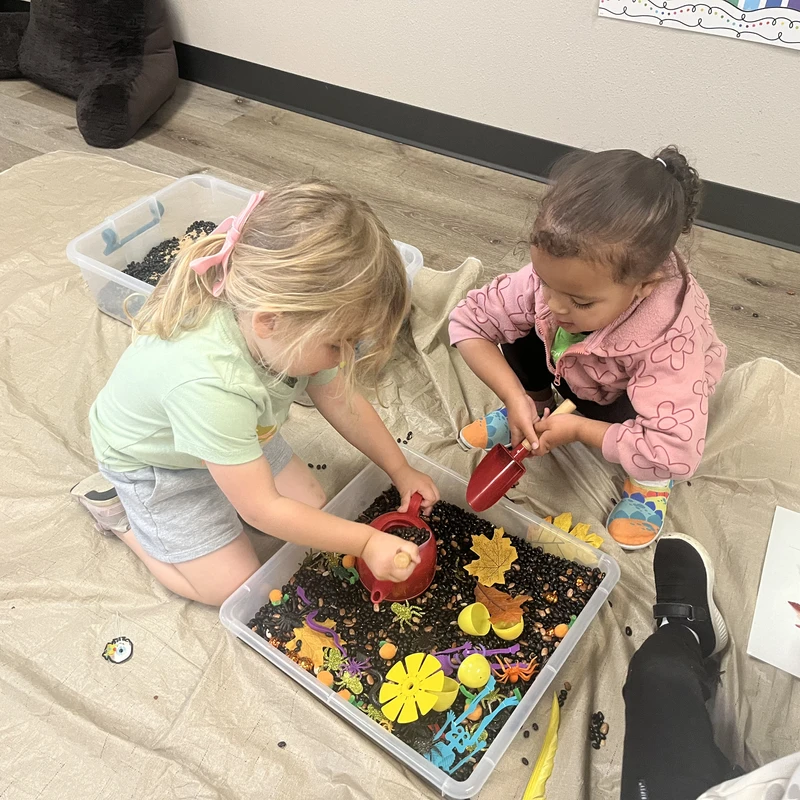 Two young children sit on a tarp indoors, playing with a sensory bin filled with black beans, plastic leaves, and other small autumn-themed toys.