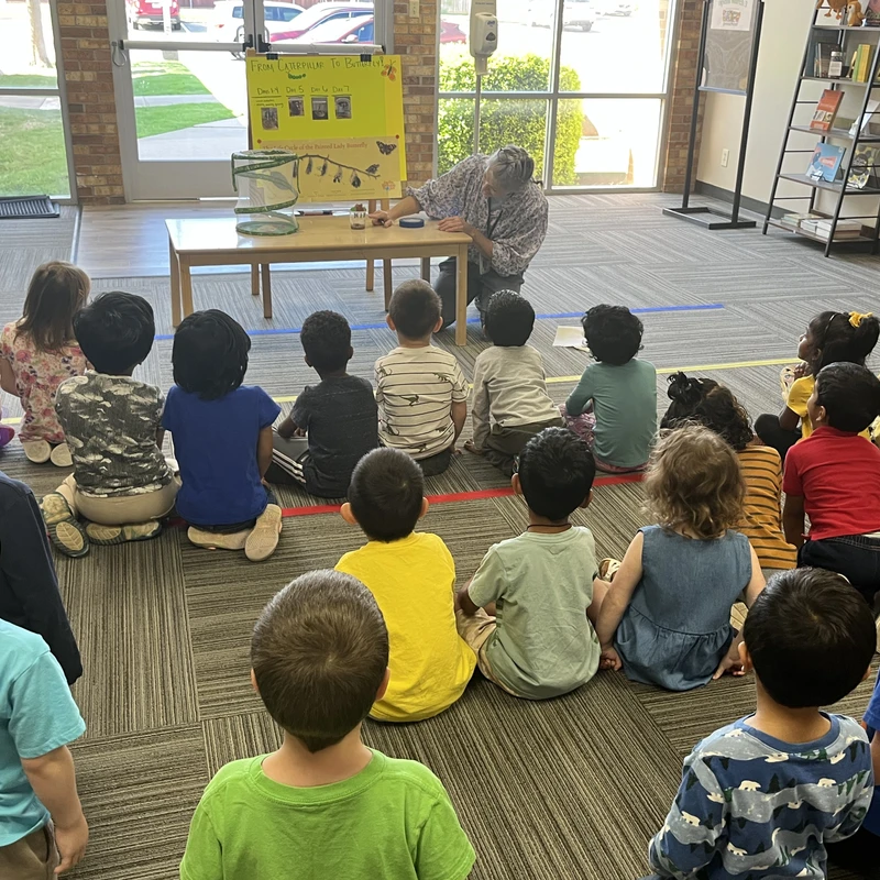 A group of young children sit cross-legged on a classroom floor, watching a teacher present a lesson about caterpillars and butterflies with a poster.